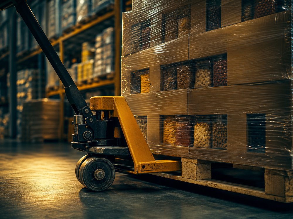 Hand pallet truck moving a shrink-wrapped pallet of wholesale FMCG stock