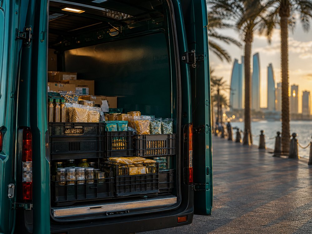 Bagason delivery van with crates of food products on the Abu Dhabi corniche