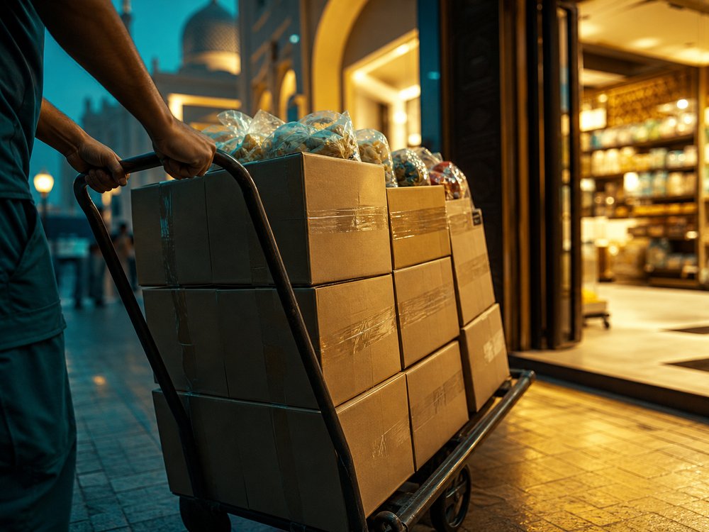 Trolley of food cartons being delivered to a Sharjah grocery store