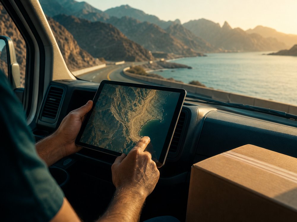 Delivery route being checked on a tablet on a Northern Emirates coastal road