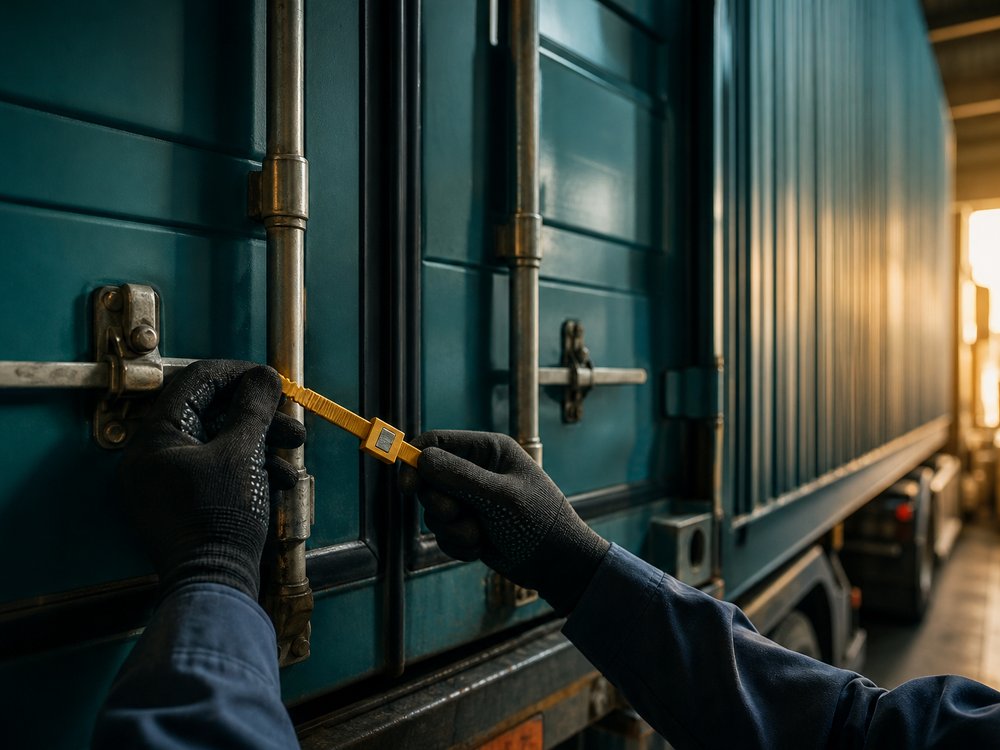 Export security seal being fastened on a loaded Bagason cargo truck