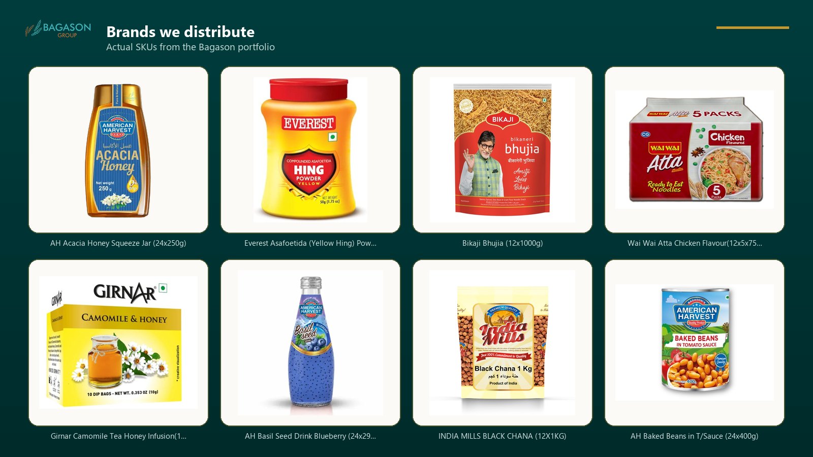 Actual product SKUs from the Bagason Group distribution portfolio relevant to FMCG Distributor UAE
