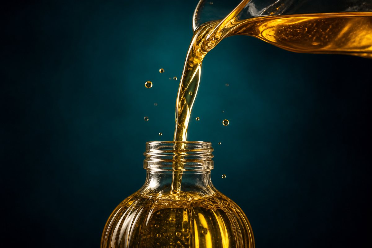 Golden cooking oil pouring into a glass bottle — premium FMCG product photography