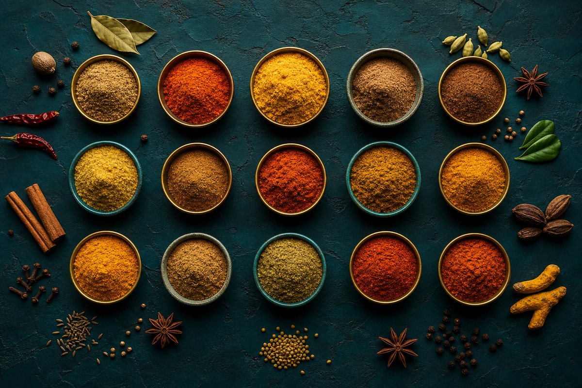 Flat-lay of ground spices in bowls from the Bagason distribution range
