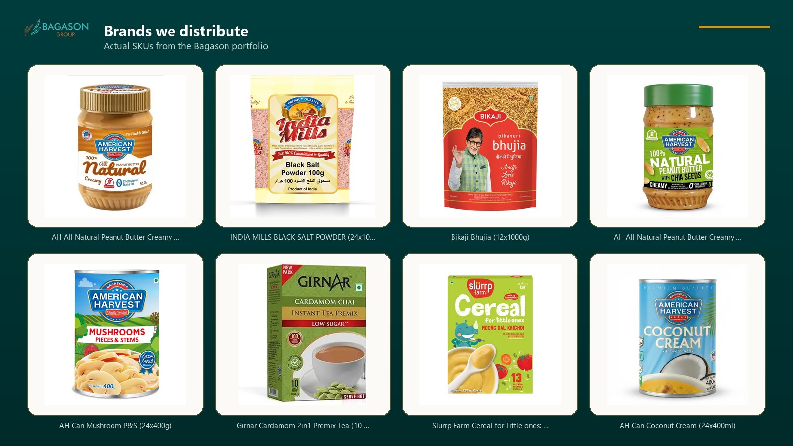Actual product SKUs from the Bagason Group distribution portfolio relevant to Food Distribution Companies UAE