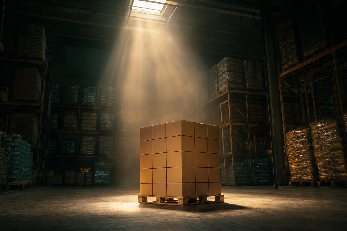 Hero pallet of packaged goods in a Bagason warehouse light shaft
