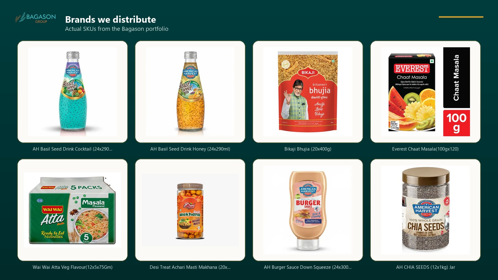 Actual product SKUs from the Bagason Group distribution portfolio relevant to FMCG Distributor Dubai