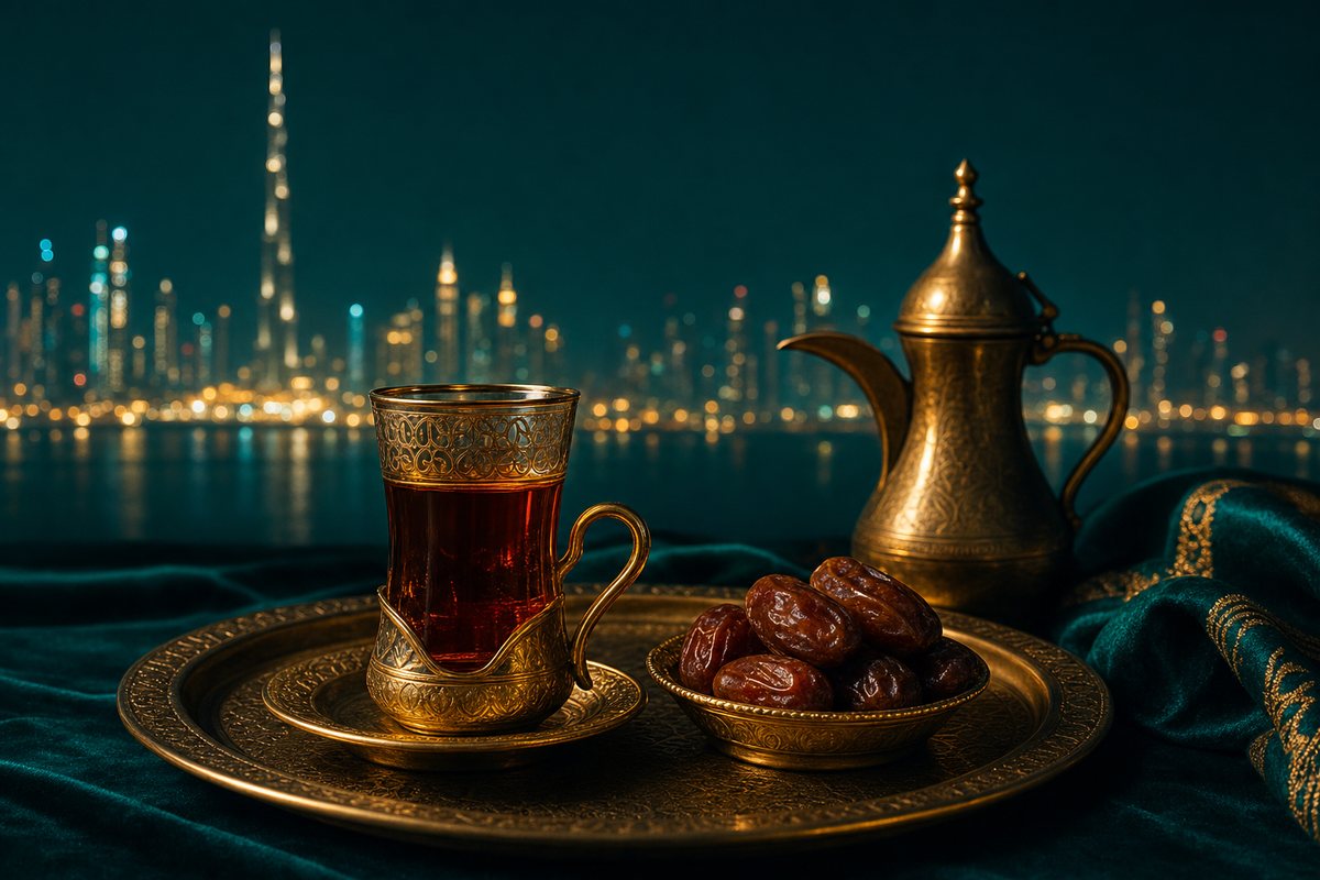 Arabic tea and dates against the Dubai skyline at dusk