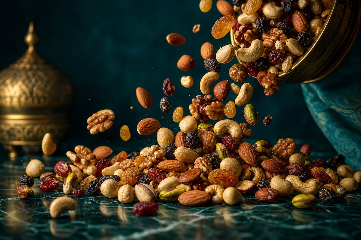 Premium nuts and dried fruit cascading onto marble