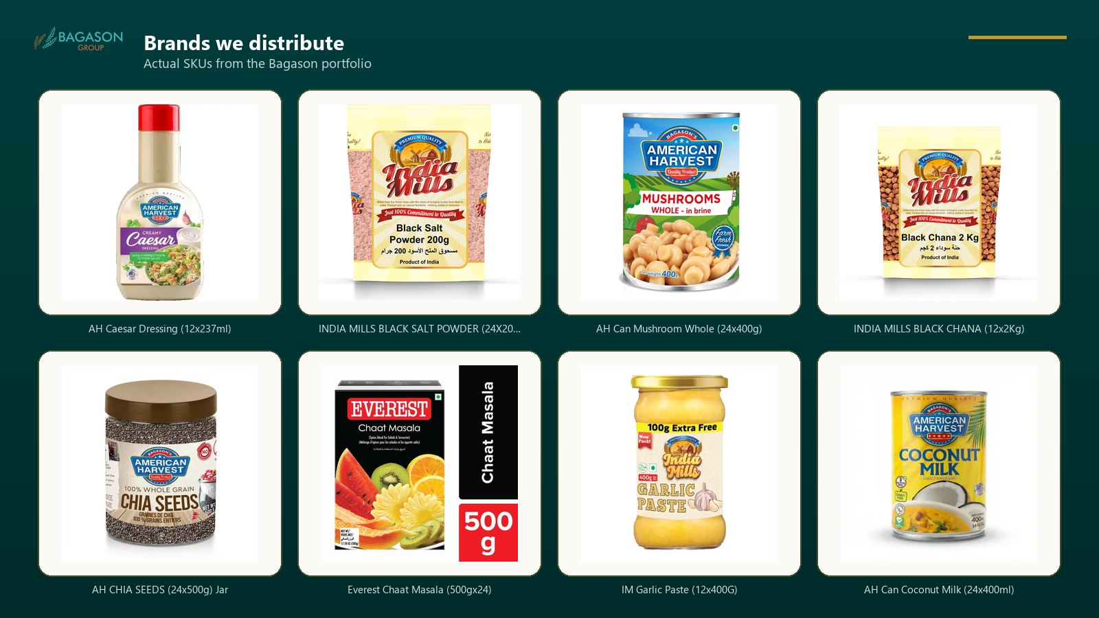 Actual product SKUs from the Bagason Group distribution portfolio relevant to HORECA Food Distributor UAE