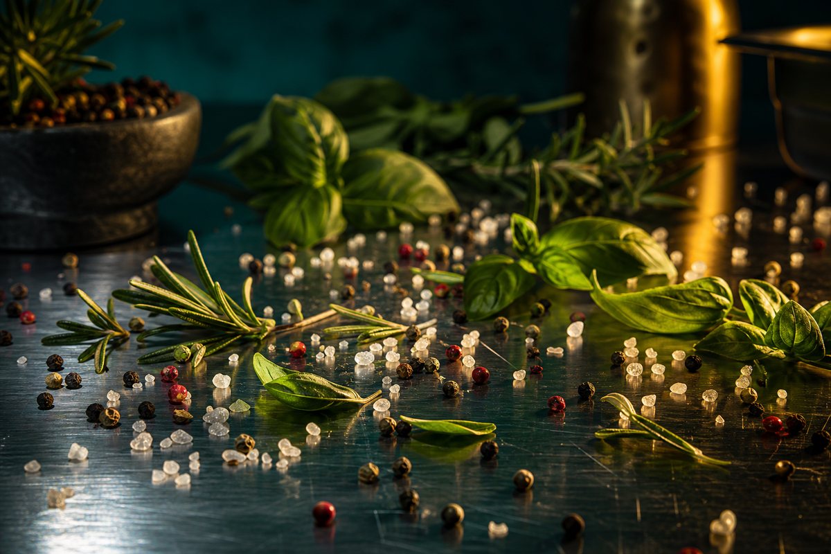 Fresh herbs and spices scattered on a commercial kitchen counter