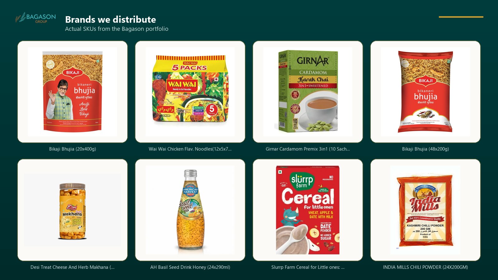 Actual product SKUs from the Bagason Group distribution portfolio relevant to Traditional Trade and Van Sales UAE