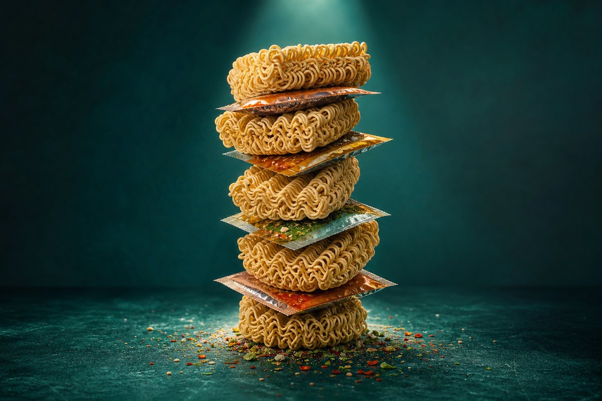 Instant noodles and sachets stacked for traditional trade supply