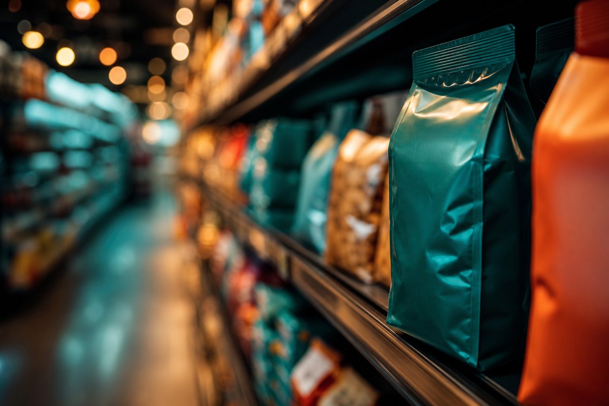 Supermarket shelf-edge view of packaged products in a UAE store