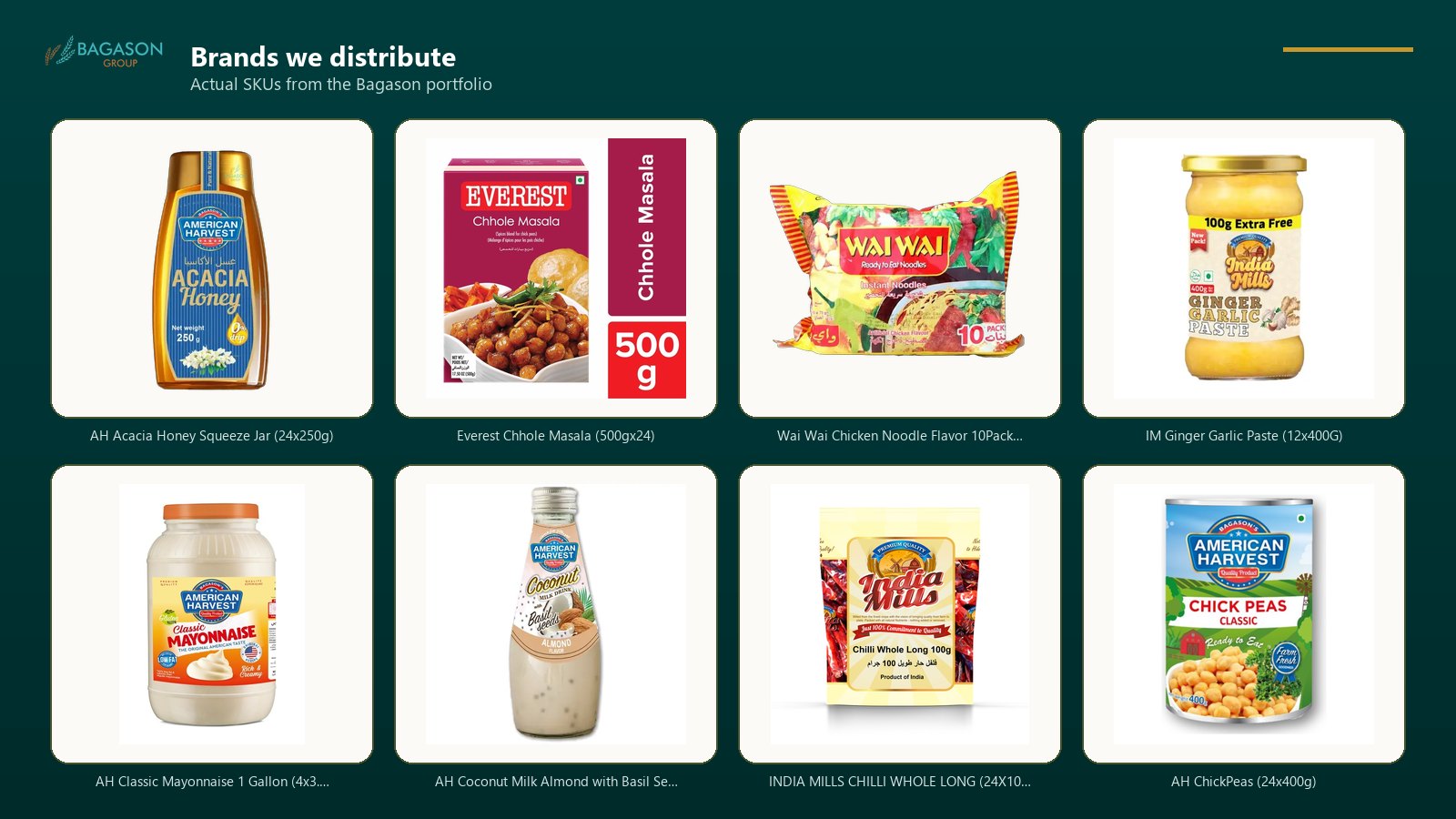 Actual product SKUs from the Bagason Group distribution portfolio relevant to Food Importer and Distributor UAE