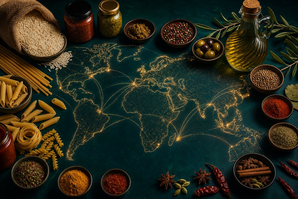 World-cuisine ingredients laid out along gold shipping routes