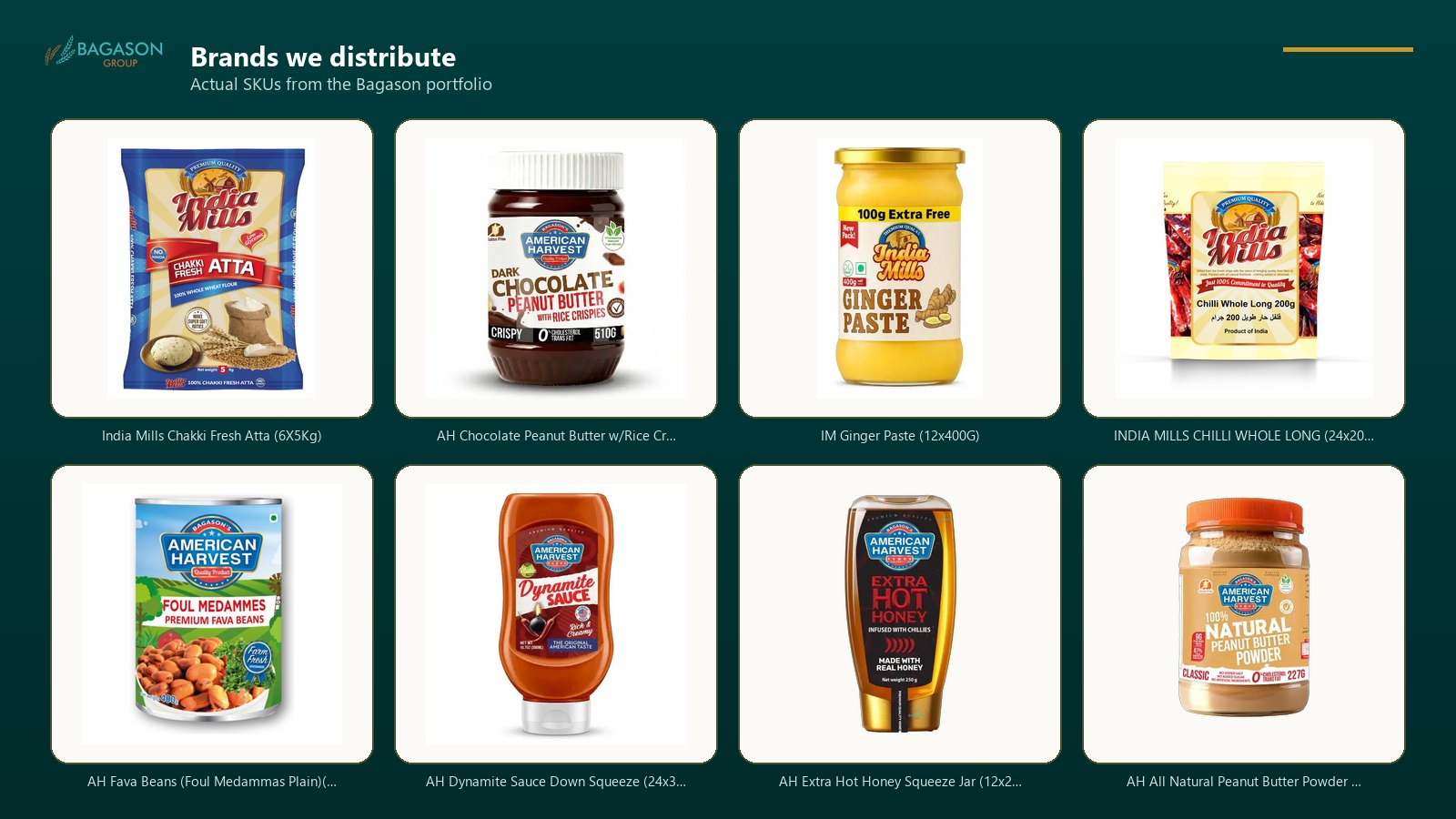 Actual product SKUs from the Bagason Group distribution portfolio relevant to Wholesale FMCG Supplier UAE