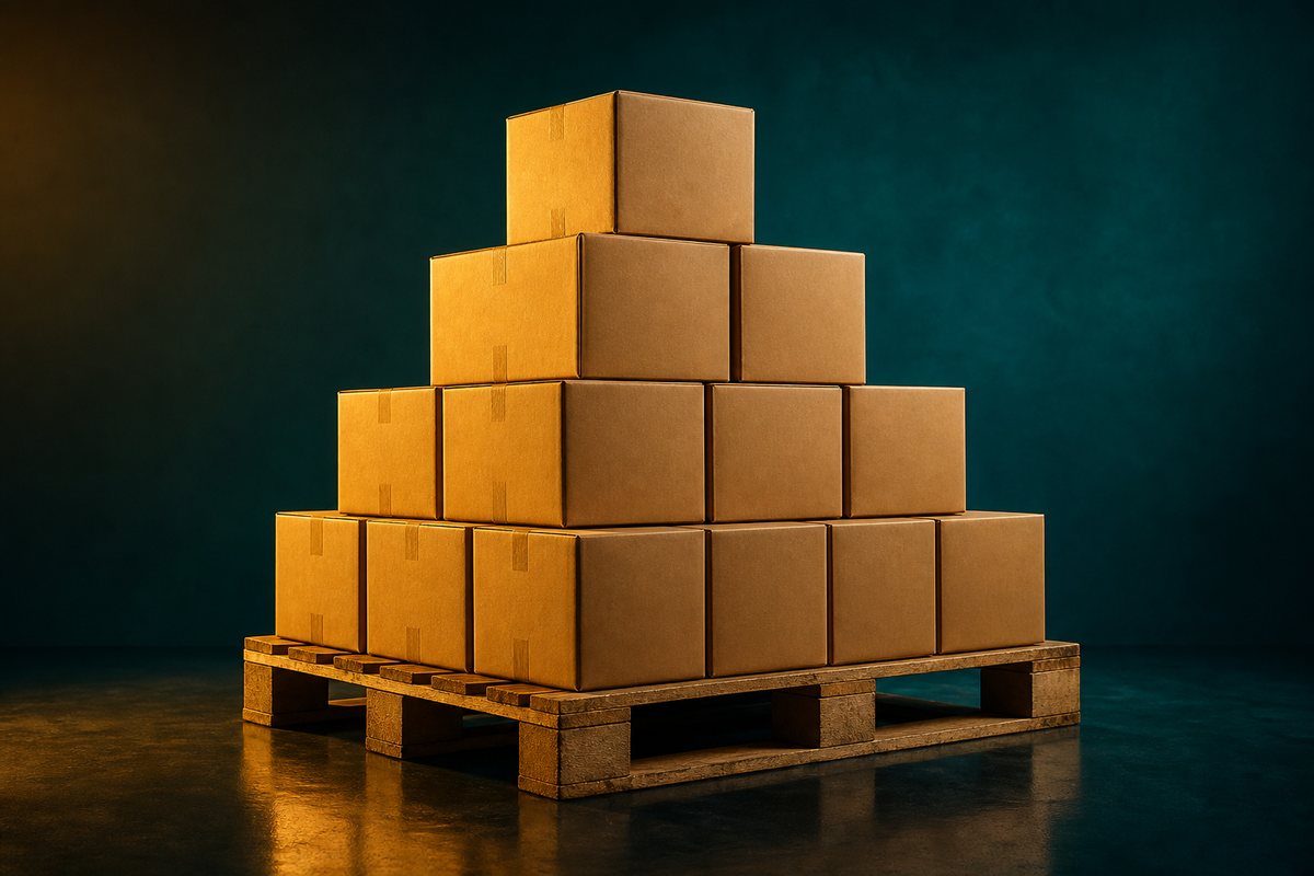 Pallet stack of wholesale cartons under studio lighting