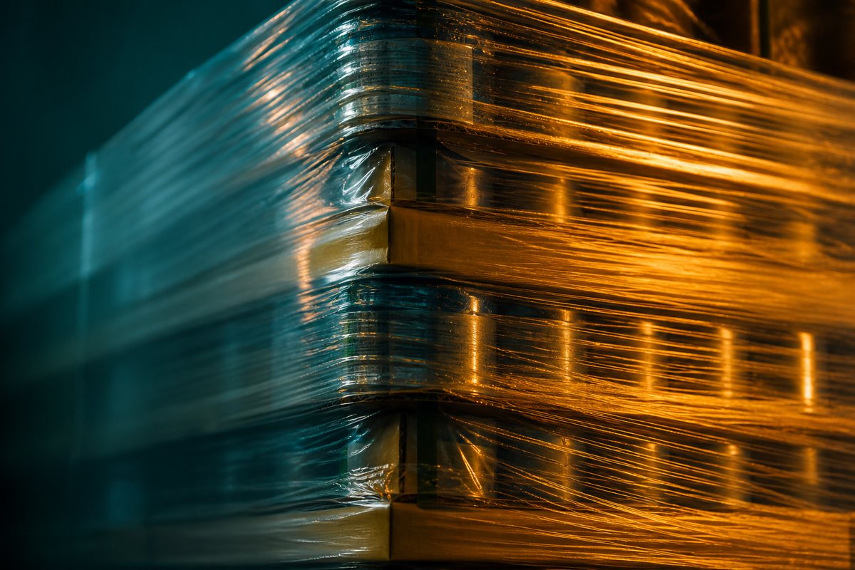Shrink-wrapped wholesale FMCG stock in golden light