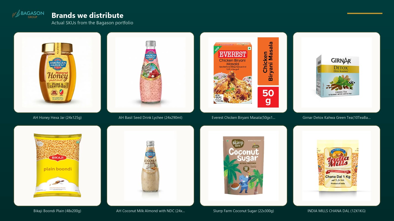 Actual product SKUs from the Bagason Group distribution portfolio relevant to FMCG Distributor Abu Dhabi