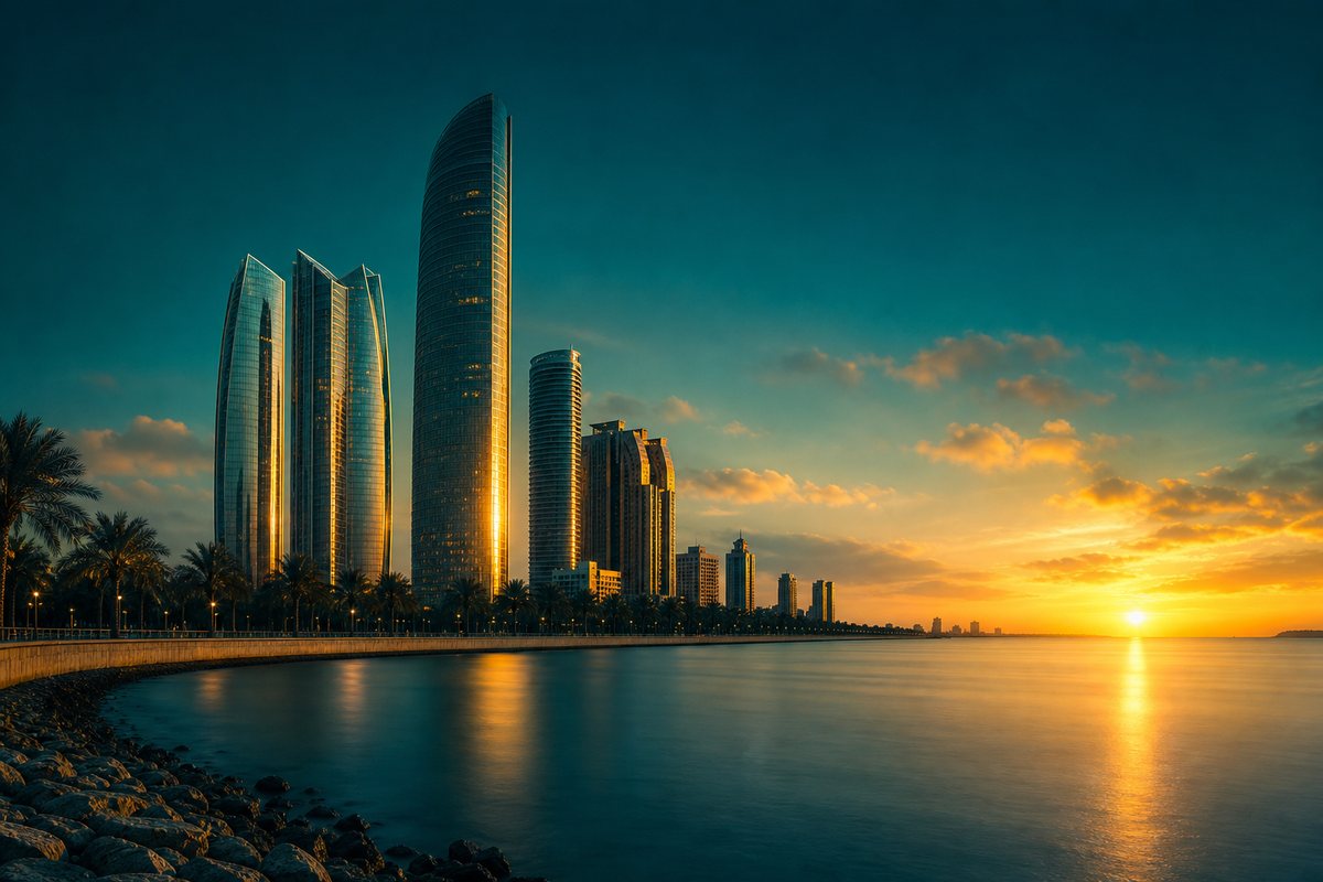 Abu Dhabi Corniche towers at sunrise across calm water