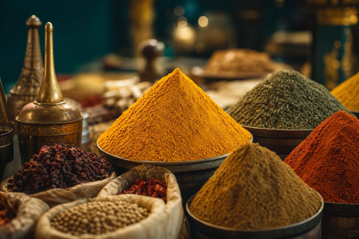 Spice mounds in scoops evoking Sharjah's souk trade