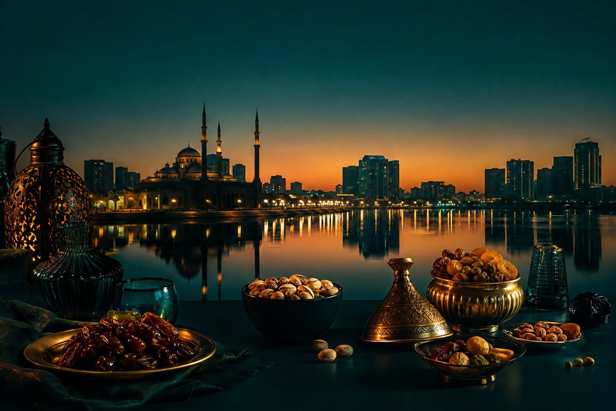 Khalid Lagoon and the Sharjah skyline at dusk