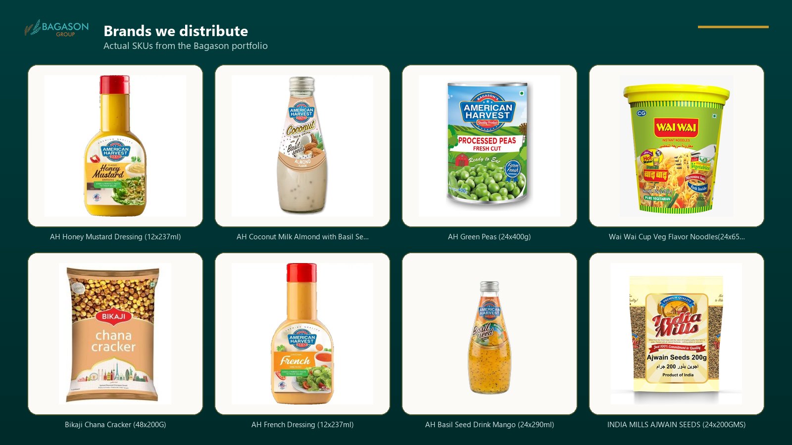 Actual product SKUs from the Bagason Group distribution portfolio relevant to FMCG Distributor Northern Emirates