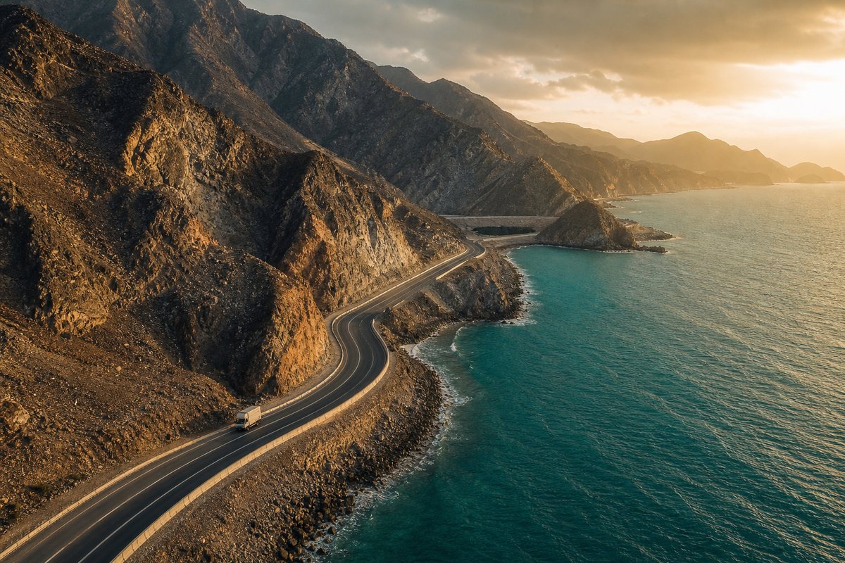 Coastal highway between the Hajar mountains and the sea in Fujairah