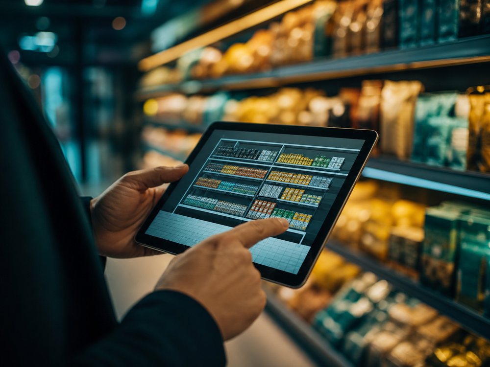 Reviewing a retail shelf plan on a tablet in a UAE supermarket aisle