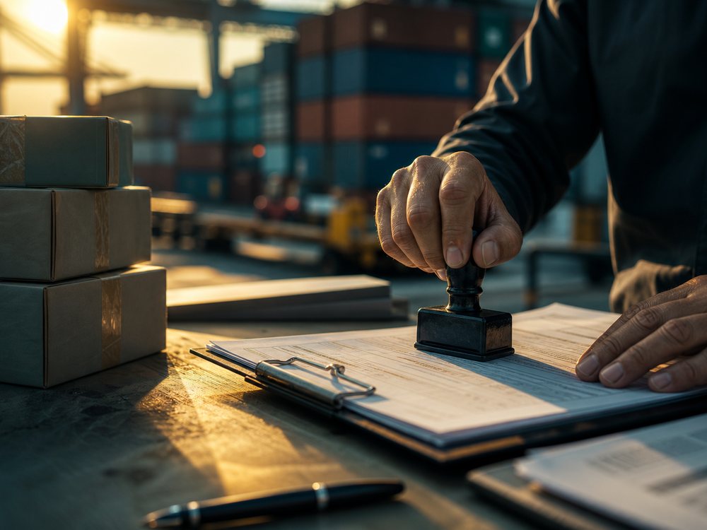 Customs clearance paperwork being stamped beside product cartons