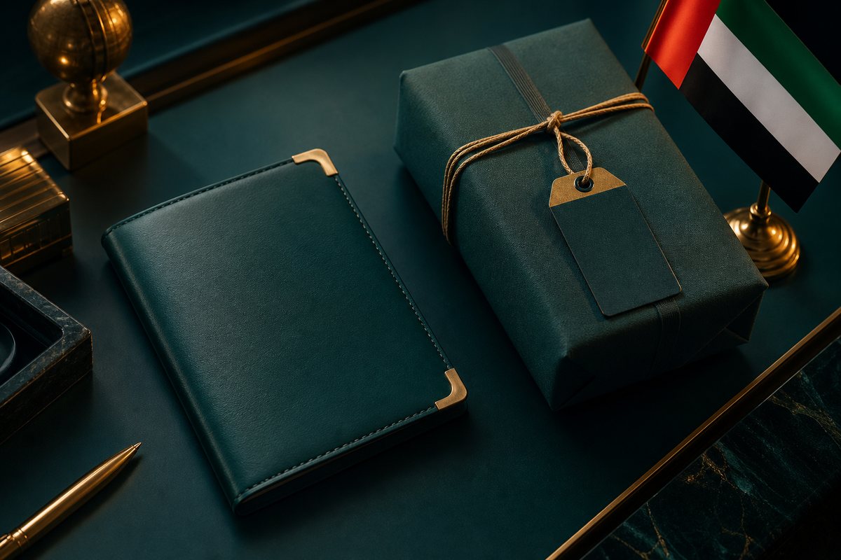 Market entry still life with document folder and tagged product package