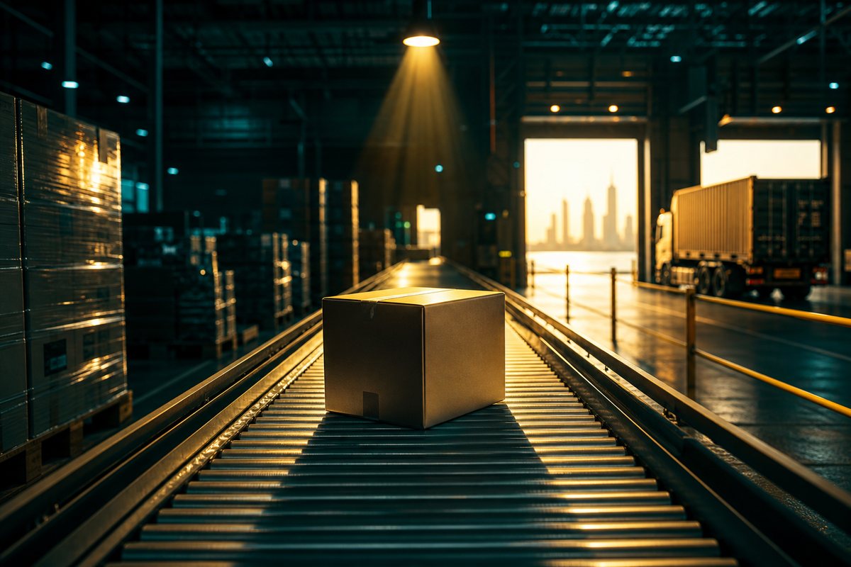 First shipment - spotlit carton on a warehouse conveyor