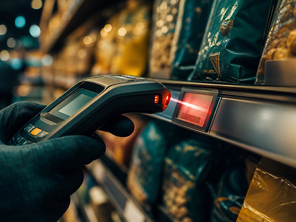 Handheld terminal scanning a supermarket shelf label