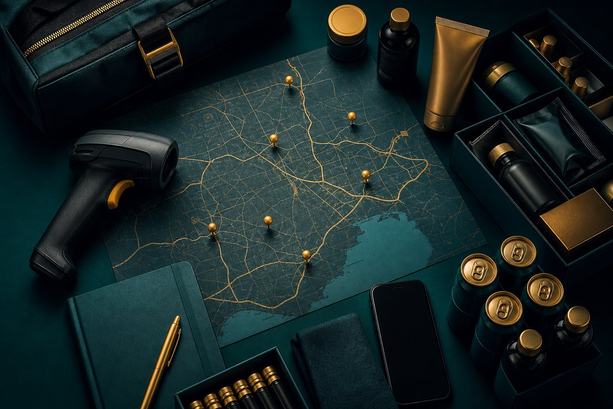 Field sales toolkit flat-lay - route map, scanner and product samples
