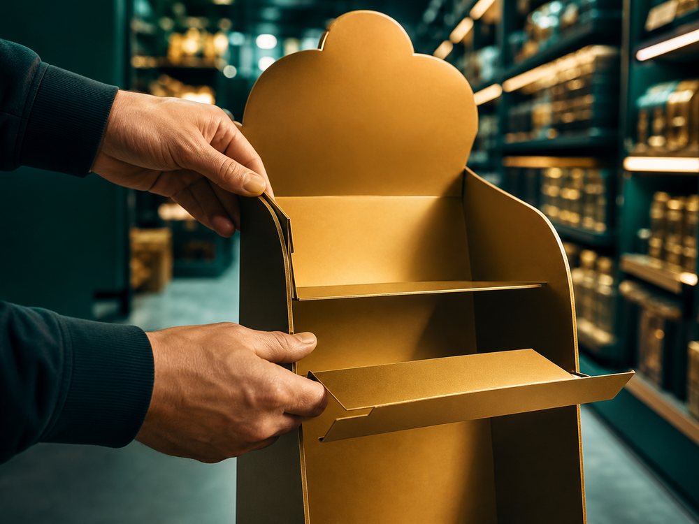 Point-of-sale display stand being assembled in a UAE store aisle