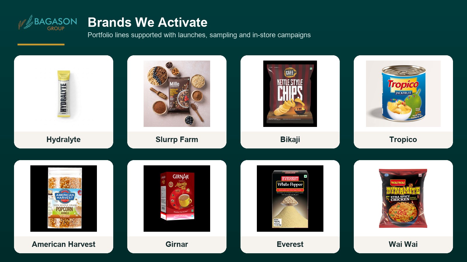 Actual product SKUs from the Bagason Group distribution portfolio relevant to Trade Marketing Services UAE