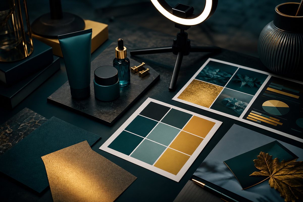 Trade marketing campaign moodboard with teal and gold swatches