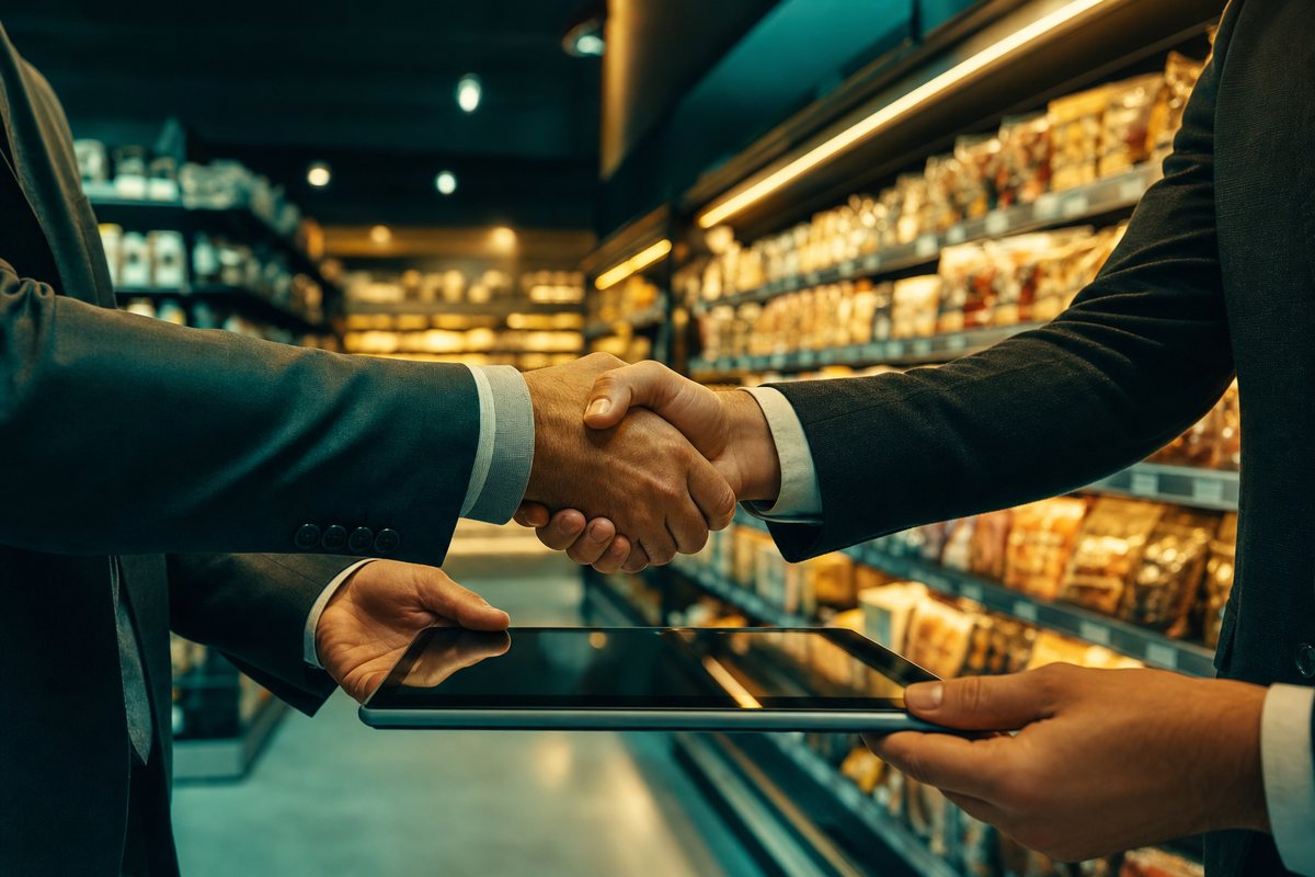 Bagason key account sales handshake over a supermarket order tablet
