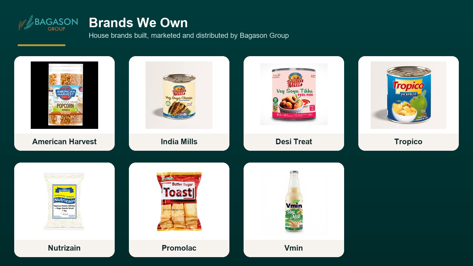 House brands owned by Bagason Group including American Harvest, India Mills, Desi Treat, Tropico, Nutrizain, Promolac and Vmin