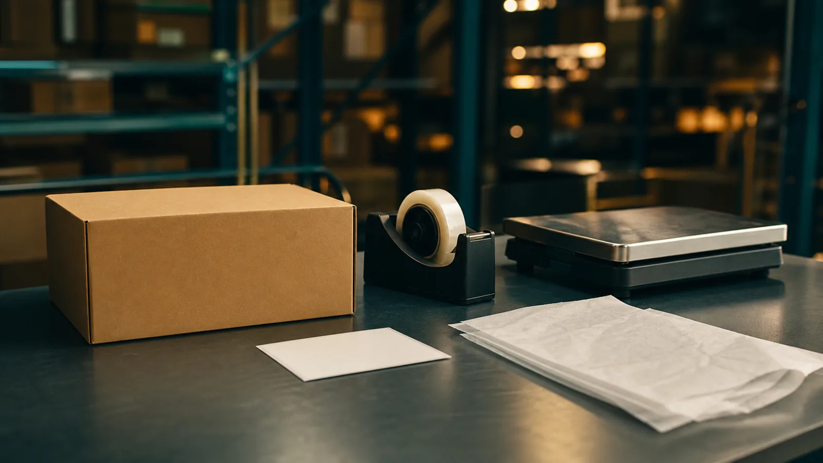 Warehouse labelling station preparing cartons for a marketplace fulfilment listing