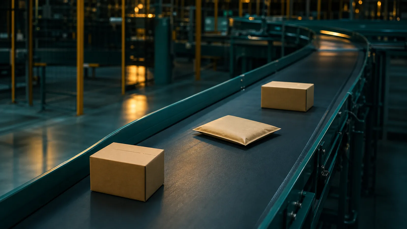Parcel conveyor belt in a fulfilment centre handling marketplace orders for FBA UAE grocery listings