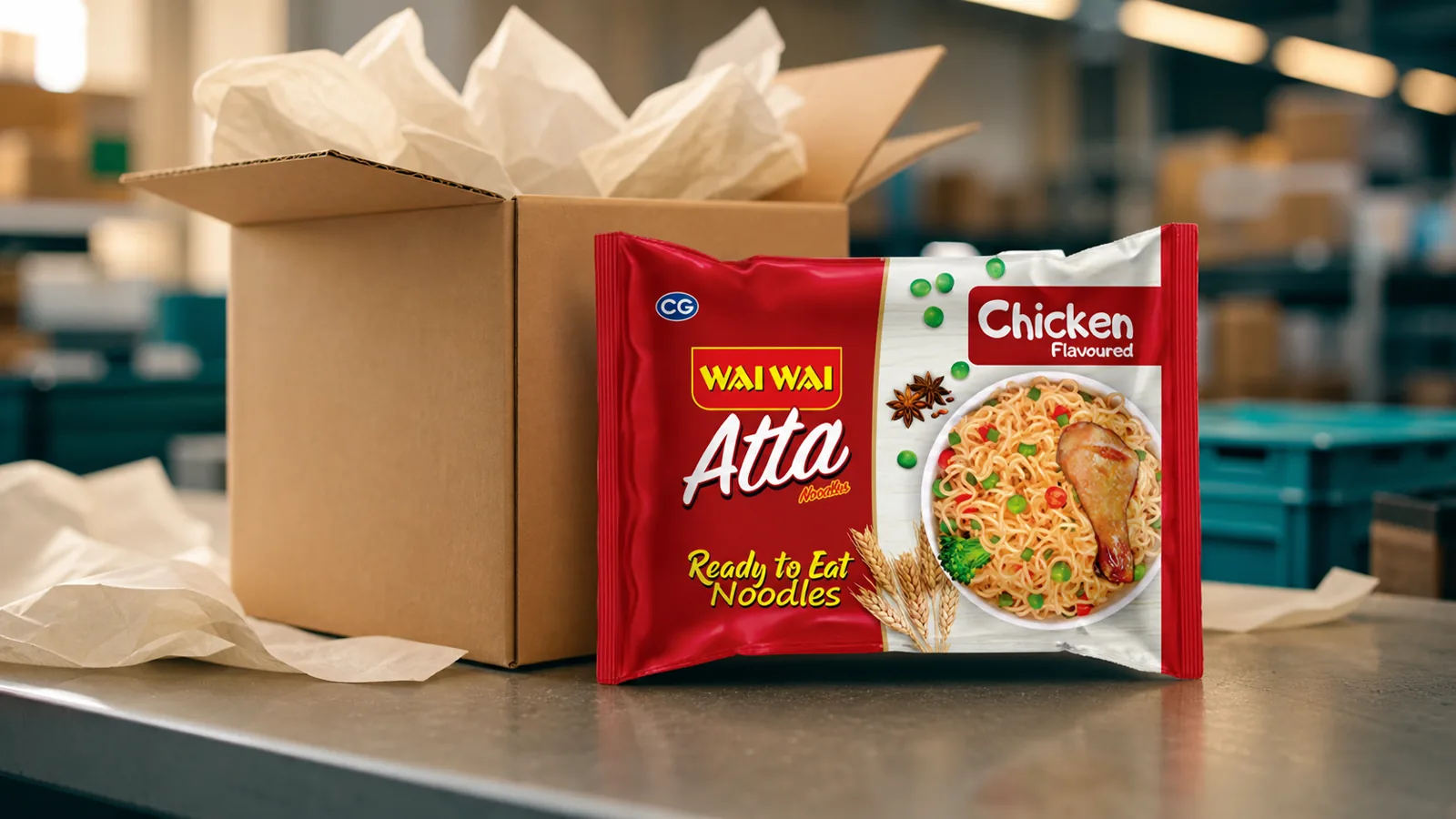 A single packaged snack next to an open shipping box, illustrating a seller-fulfilled marketplace order