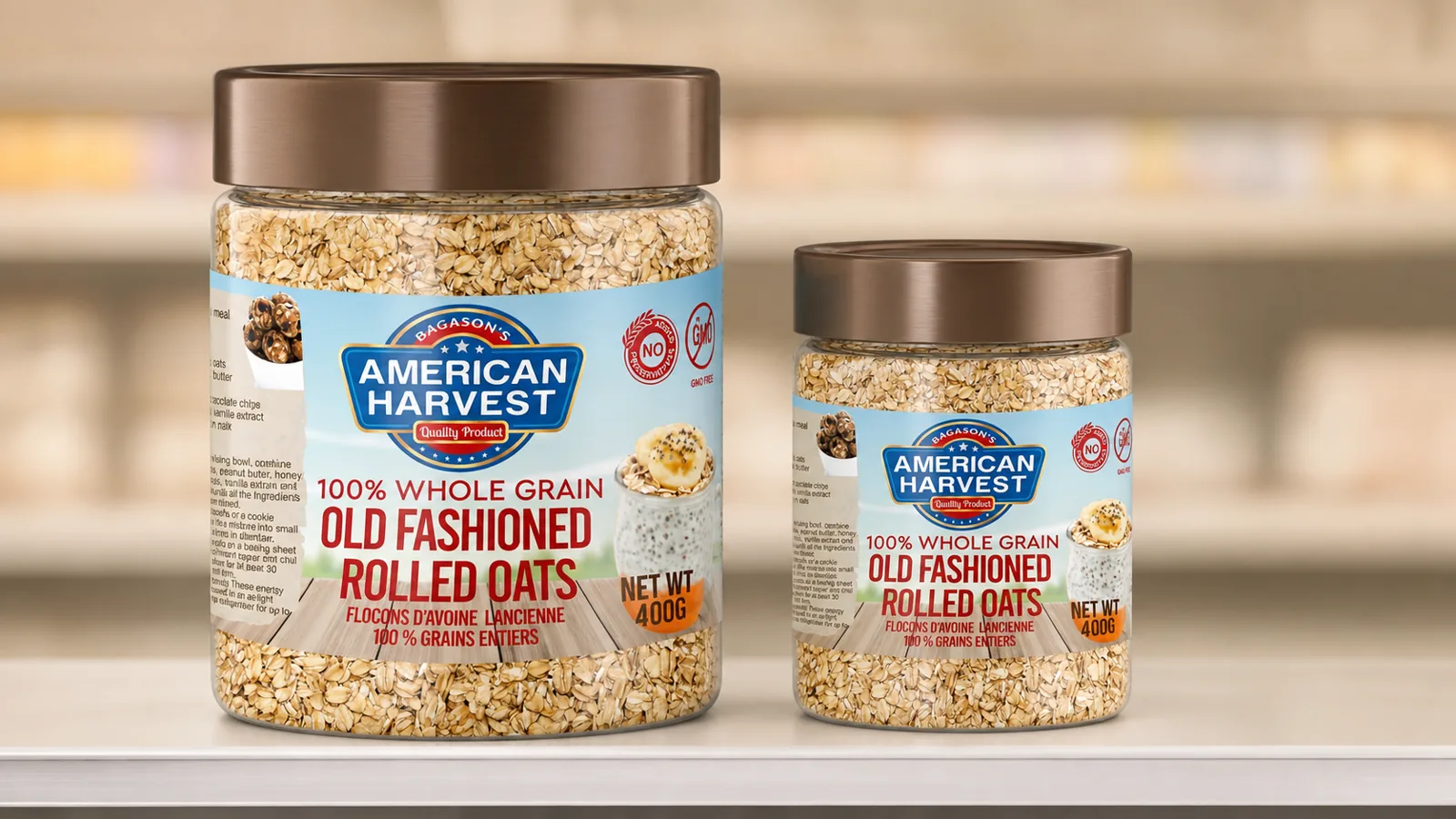 Two different pack sizes of the same product side by side, useful for a price per kg comparison