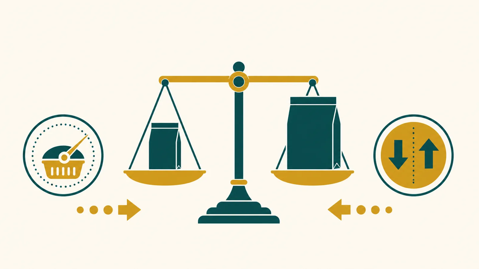 Icon-only infographic comparing a small pack and a large pack against a shared unit-price scale