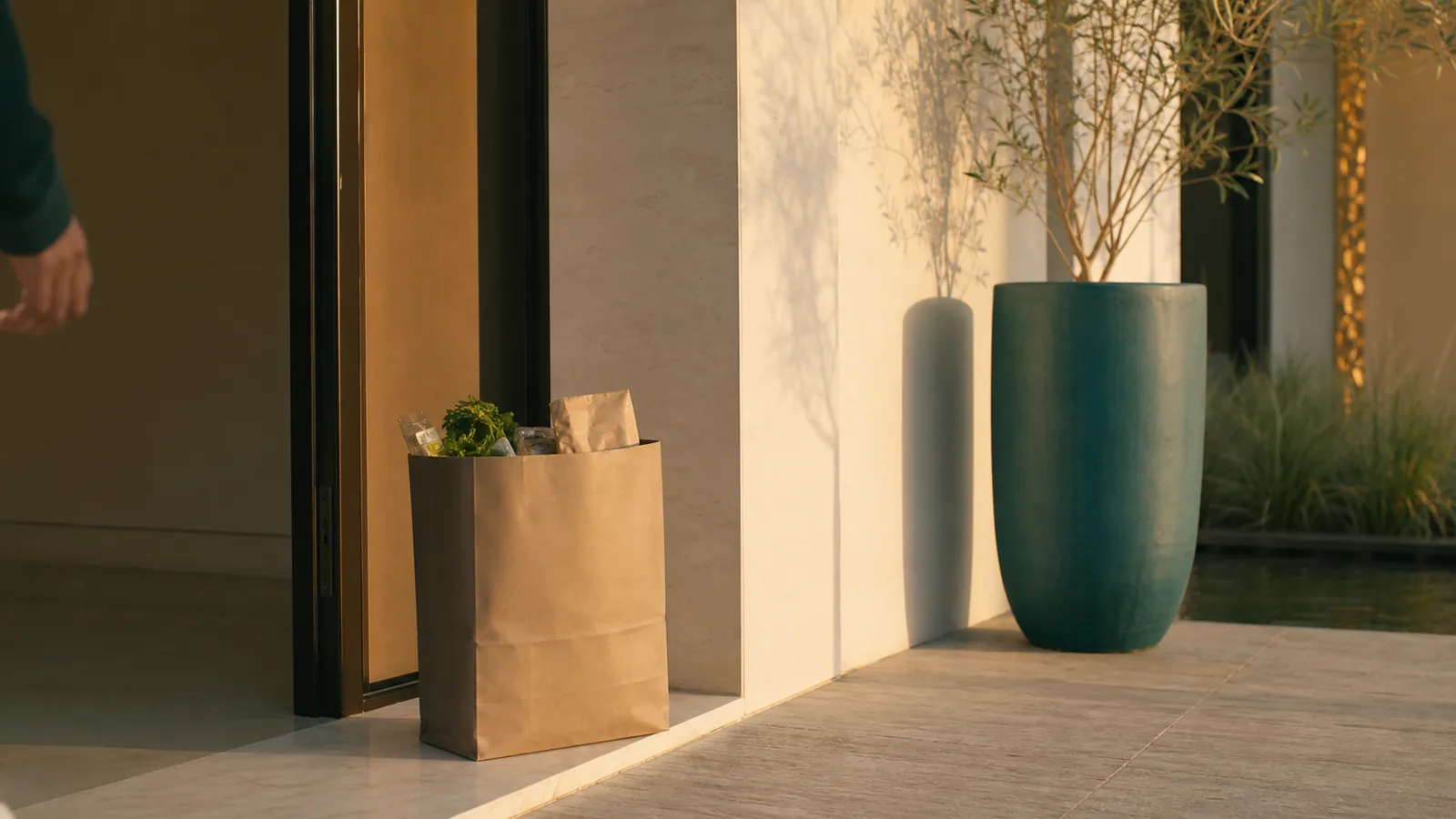 Grocery delivery bag left at a UAE doorstep, representing weekly online grocery habits UAE households now rely on