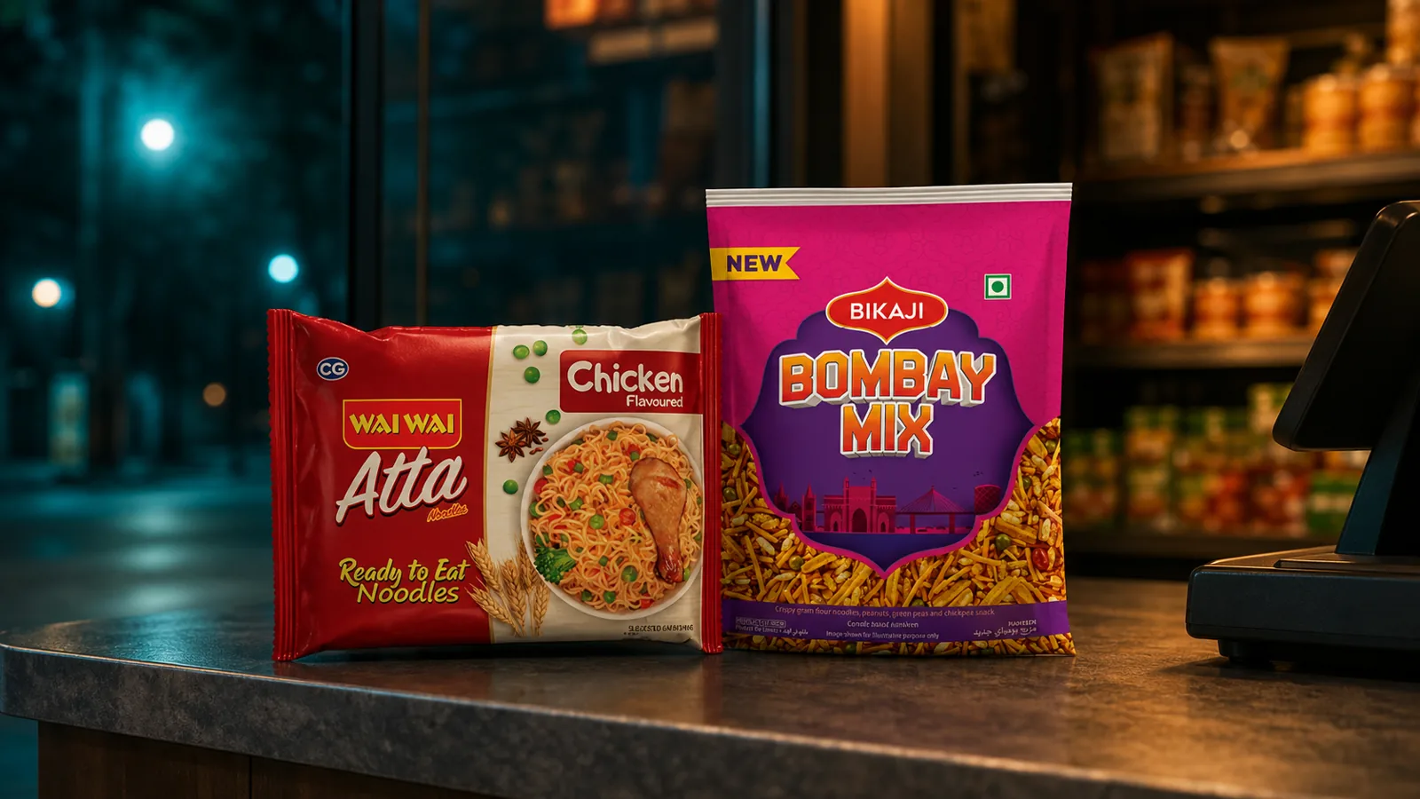 Small single-serve snack packs on a UAE baqala counter, the traditional ten-minute quick commerce top-up shopping channel