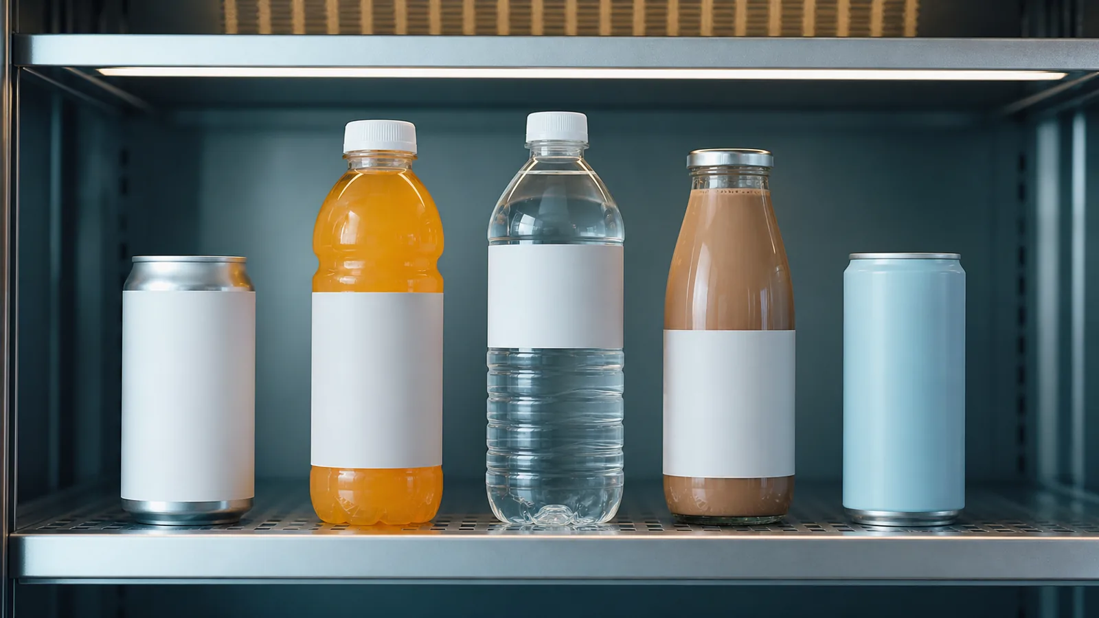 Simple icon illustration comparing beverage serving sizes and nutrition per 100ml