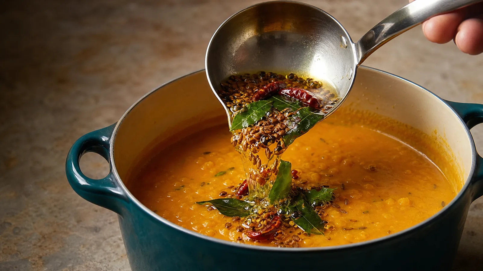 Pantry staples for dal laid out on a counter, including turmeric powder and basmati rice