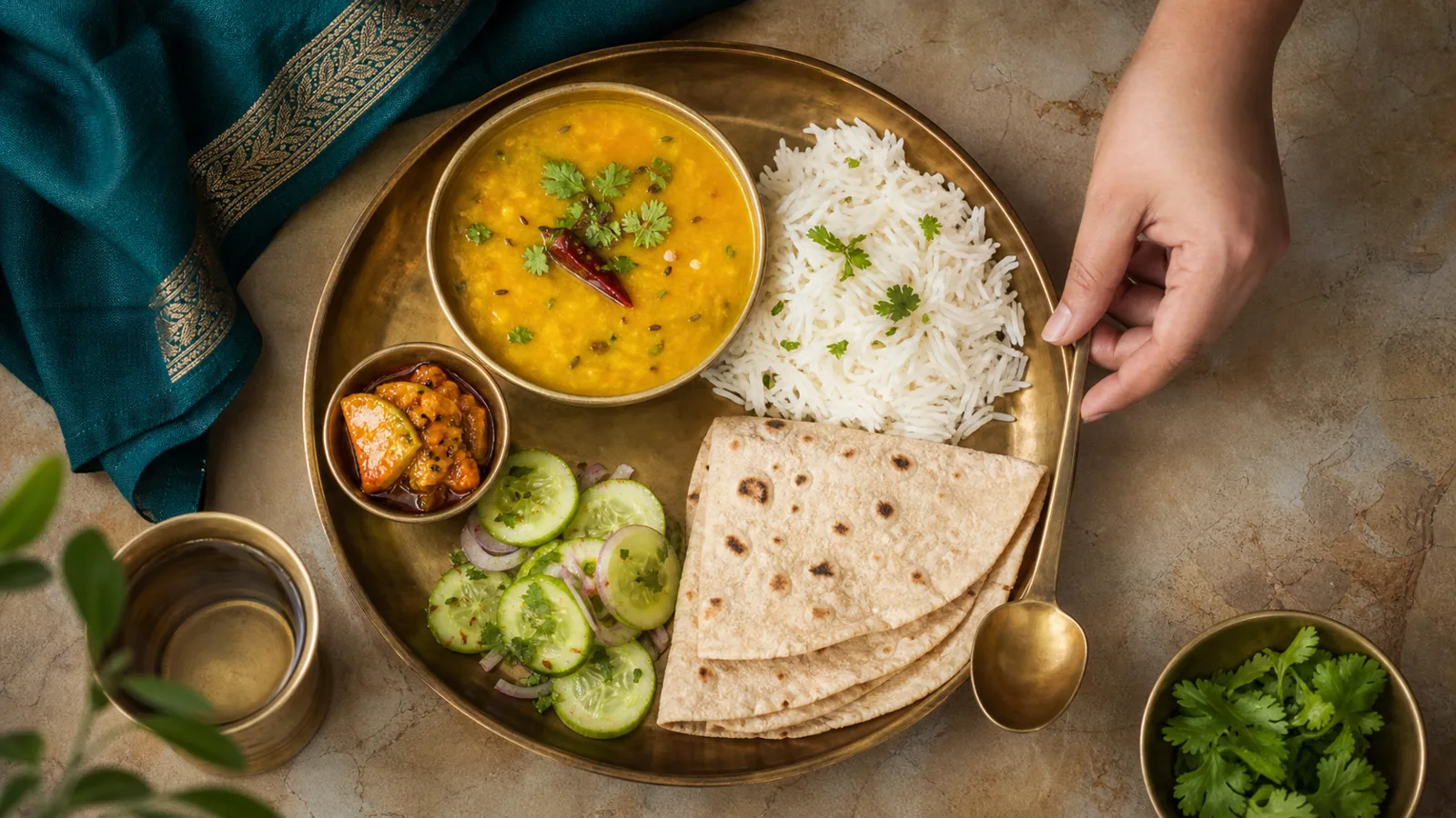 Finished dal and rice dinner plate with pickle and lemon on a wooden table